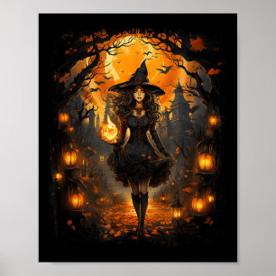 Póster Mujer bruja Chica con traje de halloween brujería