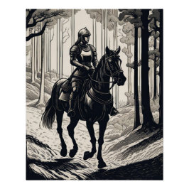 Póster Mujer caballero montando un caballo en el bosque
