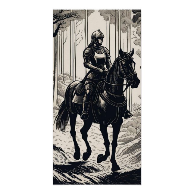 Póster Mujer caballero montando un caballo en el bosque (Anverso)