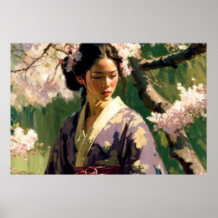 Póster Mujer caminando bajo los cerezos en un día soleado