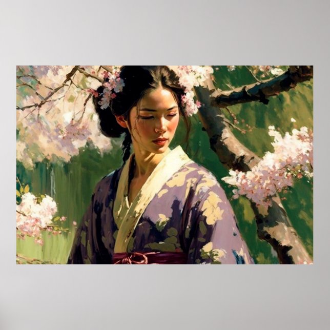 Póster Mujer caminando bajo los cerezos en un día soleado (Frente)