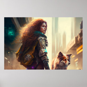 Póster Mujer caminando por su perro en una ciudad del fut