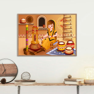 Póster Mujer campesina cortando mantequilla usando Madhan
