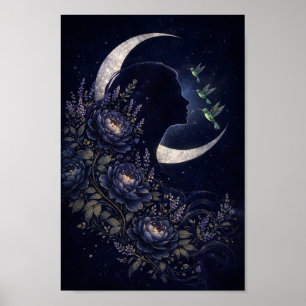 Póster Mujer Celestial Silueta con Flores y Colibrí