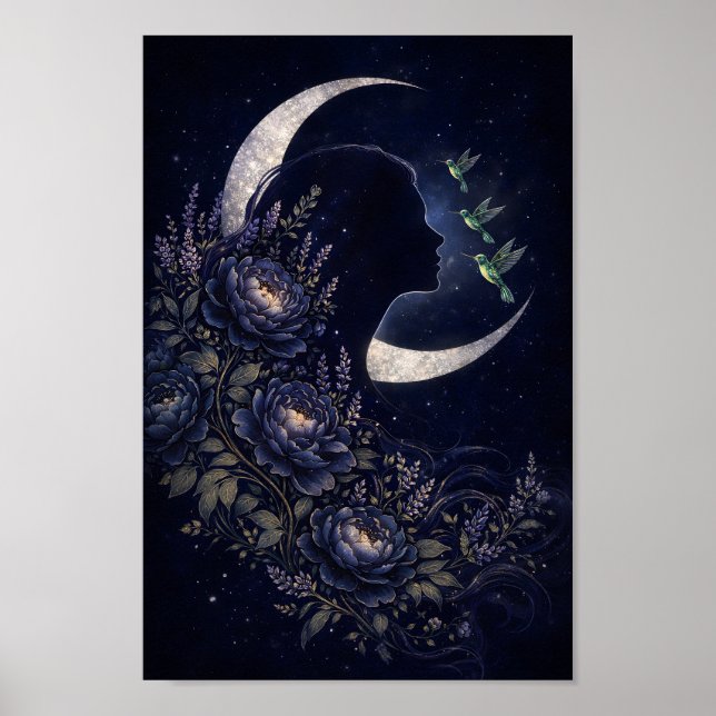 Póster Mujer Celestial Silueta con Flores y Colibrí (Frente)