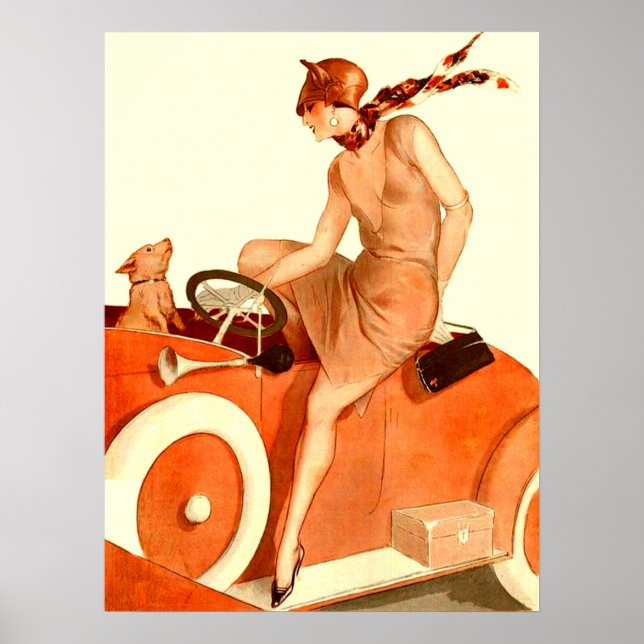 Póster Mujer, coche y perro de los años 20 (Frente)
