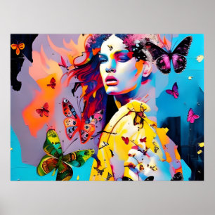 Póster Mujer colorida y mariposas