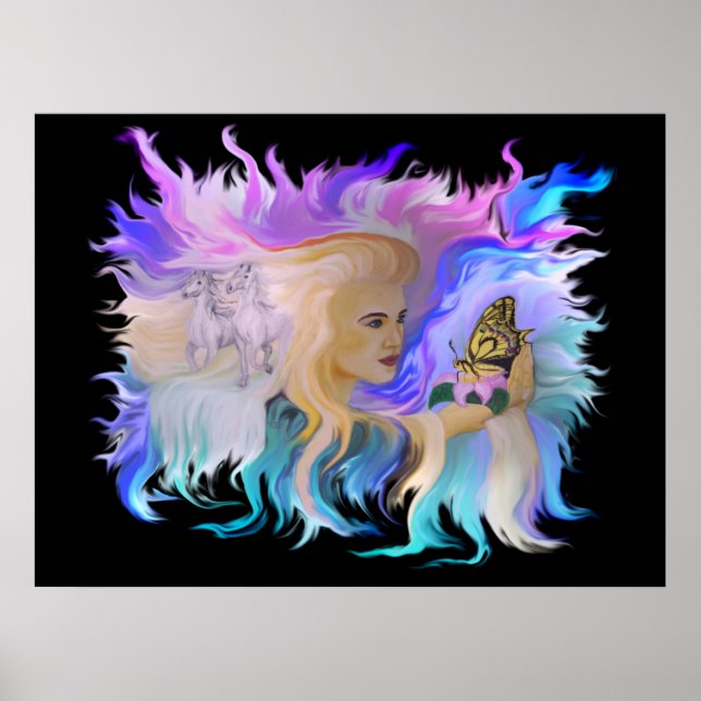 Póster Mujer con caballo y mariposa (Frente)