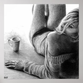Póster Mujer con café matutino Dibujo a lápiz