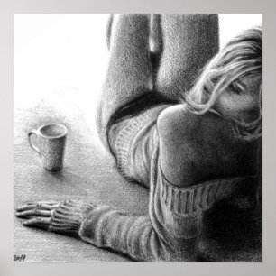 Póster Mujer con café matutino Dibujo a lápiz