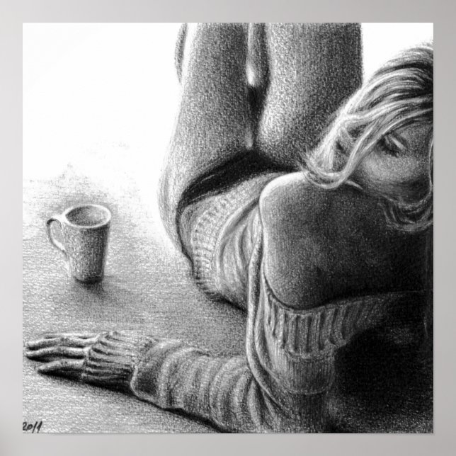 Póster Mujer con café matutino Dibujo a lápiz (Frente)