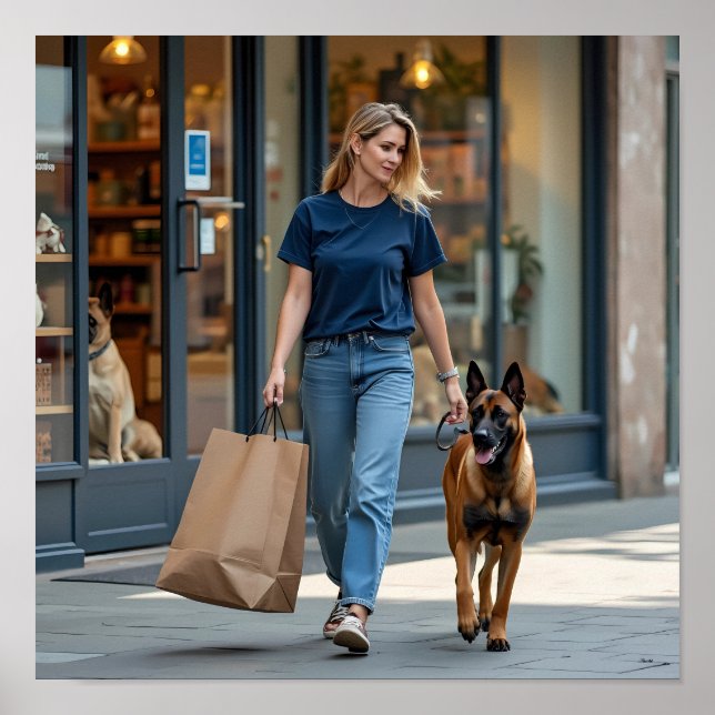 Póster Mujer con camiseta de cuello redondo azul oscuro (Frente)