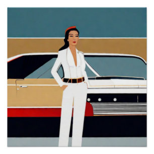 Póster Mujer con Coche Retro