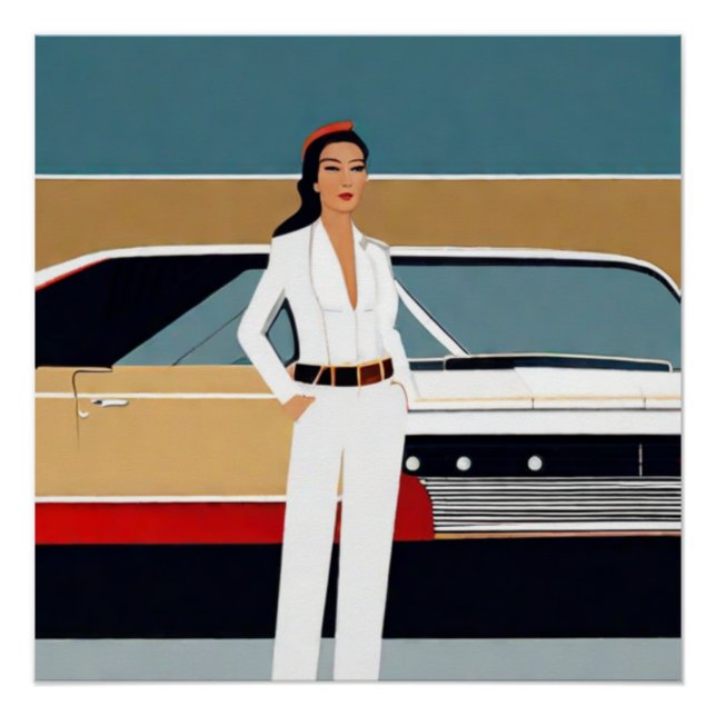 Póster Mujer con Coche Retro (Anverso)