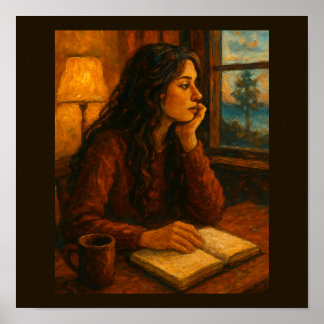 Póster Mujer con diario mirando por la ventana