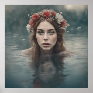Póster Mujer con flores en la cabeza flotando en un estan