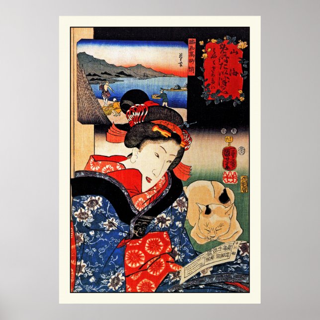 Poster: Mujer con gato - Arte japonés - Kuniyoshi (Frente)