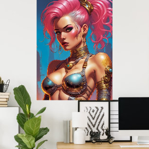 Póster Mujer Con Hermoso Pelo Rosa