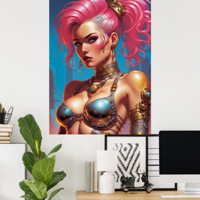 Póster Mujer Con Hermoso Pelo Rosa (Oficina en casa)