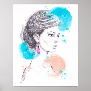 Póster Mujer con pendiente Ilustración de moda Boceto