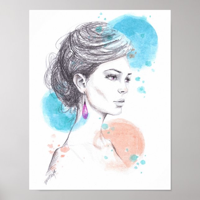 Póster Mujer con pendiente Ilustración de moda Boceto (Frente)