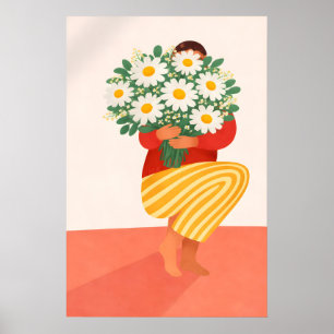 Póster Mujer con ramo de margaritas Póster, Floral colori