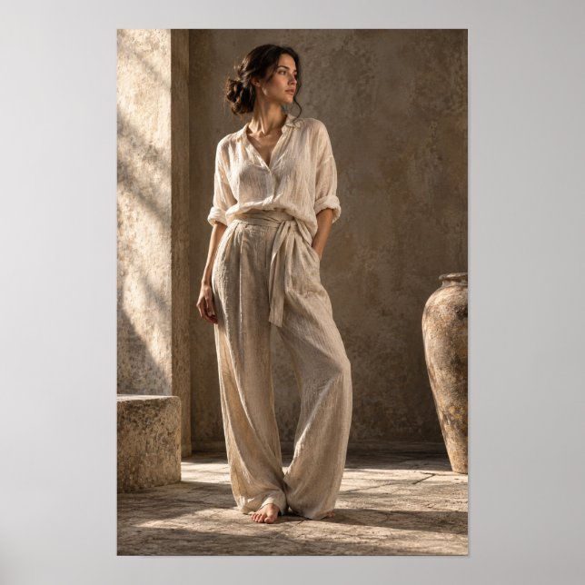 Póster Mujer con ropa de lino neutra Interior soleado Wa (Frente)