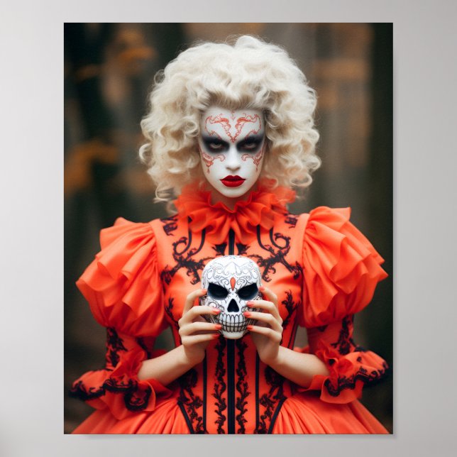 Póster Mujer Con Ropa De Vampiro Con Calavera Blanca (Frente)