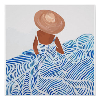 Póster Mujer con sombrero de paja vestido azul – Costa mi