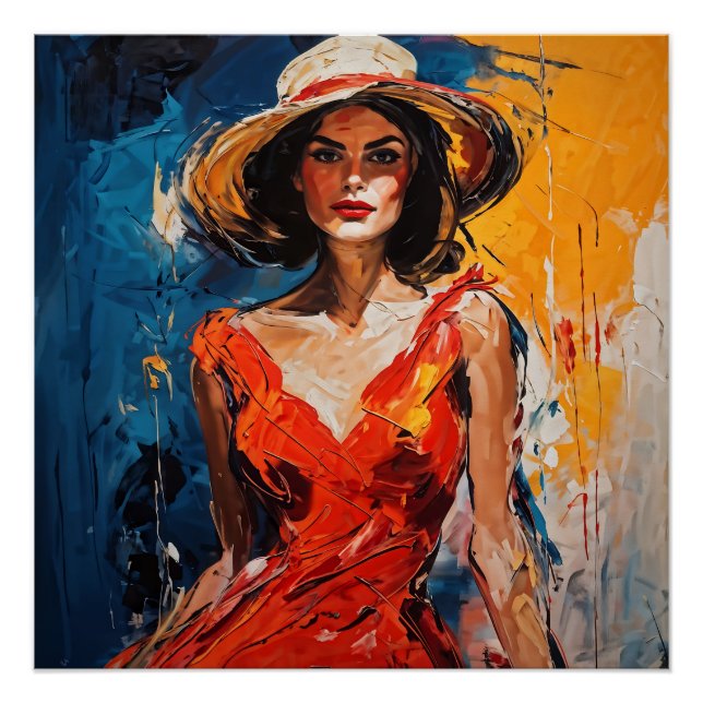 Póster Mujer con traje de cóctel rojo (Anverso)