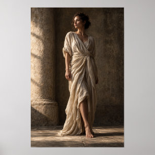 Póster Mujer con túnica de marfil fluyendo junto a column