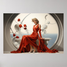 Mujer con un vestido rojo en un cuadro de un cuart
