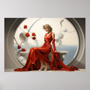 Póster Mujer con un vestido rojo en un cuadro de un cuart