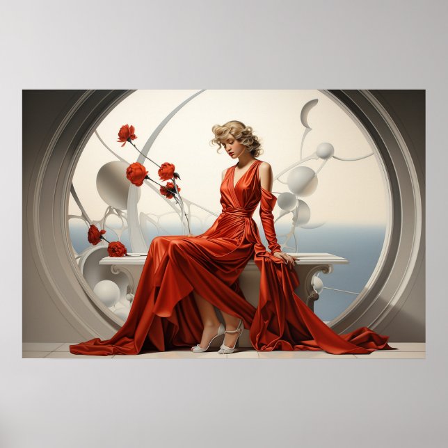 Póster Mujer con un vestido rojo en un cuadro de un cuart (Frente)