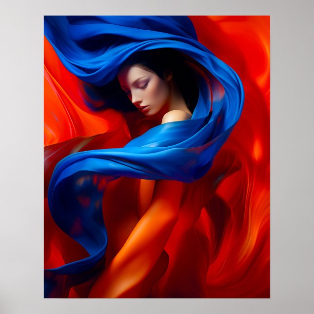 Póster Mujer con velo azul cobalto en antecedentes Naranj (Frente)