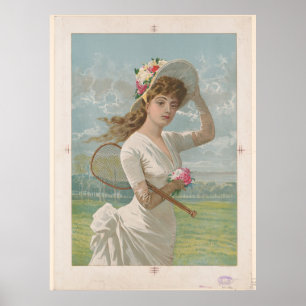 Póster Mujer con vestido blanco sosteniendo raqueta de te