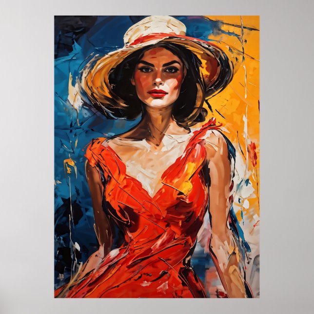 Póster Mujer con vestido de cóctel rojo (Frente)