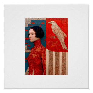 Póster Mujer con vestido rojo florido y pájaro dorado Pos