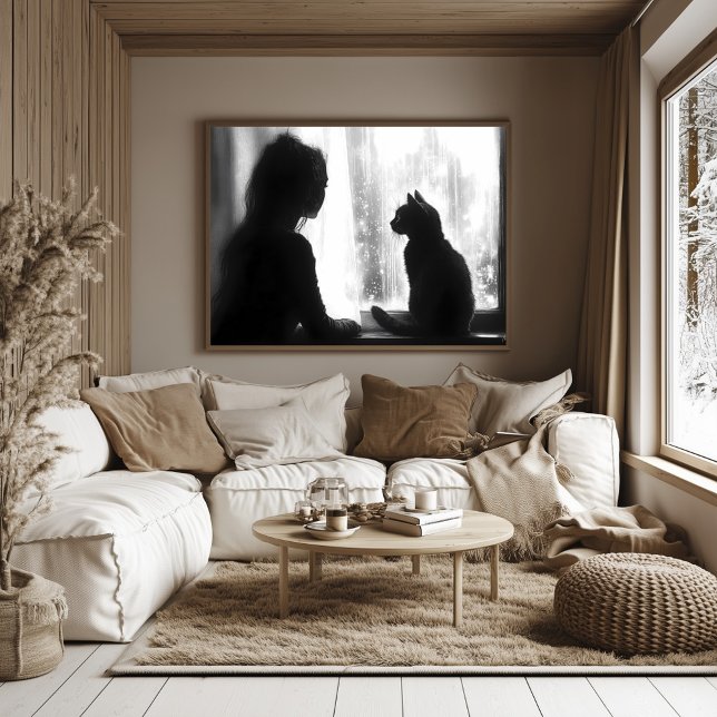 Póster Mujer contempladora con gato en lluvia por la vent (Subido por el creador)