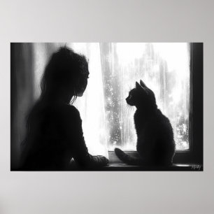 Póster Mujer contemplativa con gato en la lluvia junto a