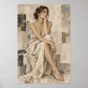 Póster Mujer Contemplativa en Vestido Blanco Abstrac Neut