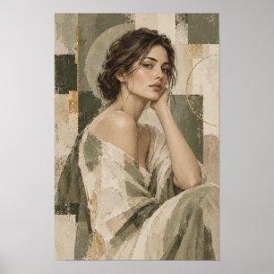 Póster Mujer Contemplativa Retrato Neutral Abstracto Pare