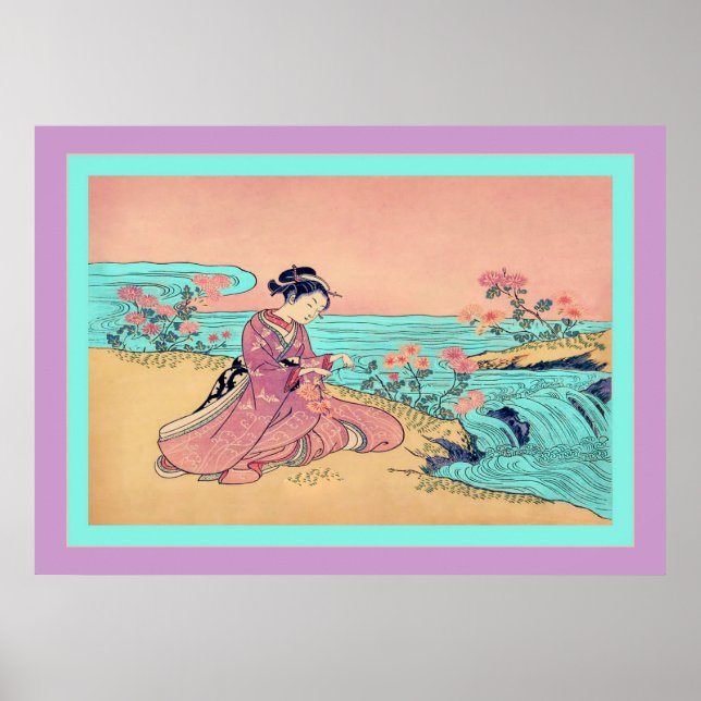 Póster Mujer cosechando crisantemos ~ Japonés vintage (Frente)