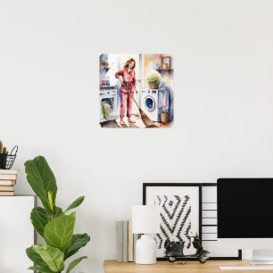 Póster Mujer cuta en pijamas haciendo lavandería adorable