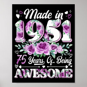 Póster mujer de 75 años hecha en 1951 floral cumpleaños 7