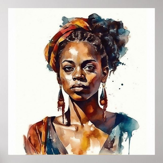 Póster Mujer de Alta Moda Boho Modelo Negro Acuarela (Frente)
