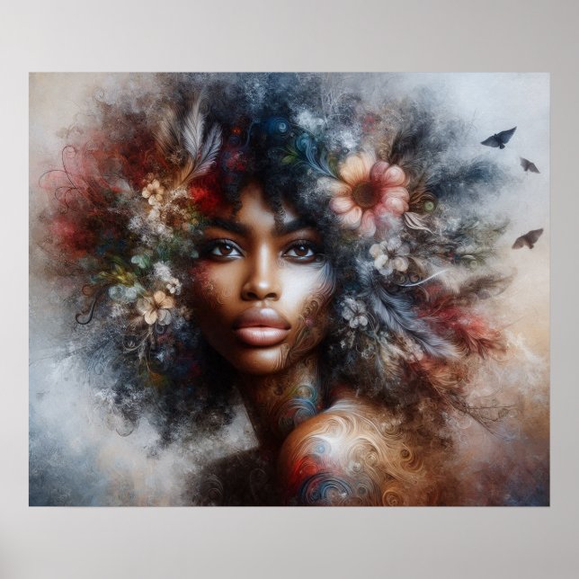 Póster Mujer de alta moda modelo negra hermosa floral (Frente)