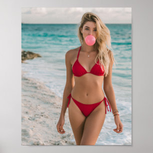 Póster Mujer de bikini rojo en el océano Burbuja de chicl