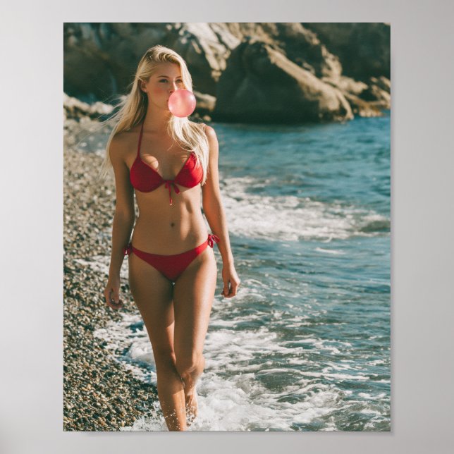 Póster Mujer de bikini rojo en el océano Burbuja de chicl (Frente)