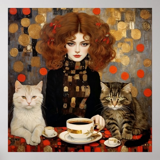 Póster Mujer De Bonito Vintage Con Café De Gatos Cutetos (Frente)